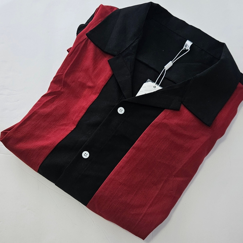 Men's Big & Tall Coofandy Bowling Style Button Up Shirt - Black & Red - 2XL -NWT
